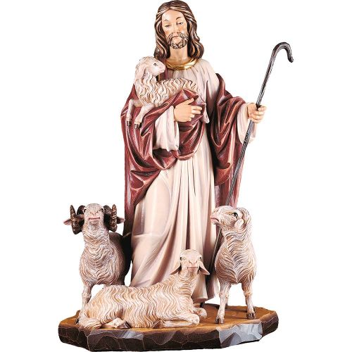 Jesusfigur "der gute Hirte" mit Schafen, Holz