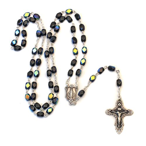 Rosary black oval iridescent glass bead