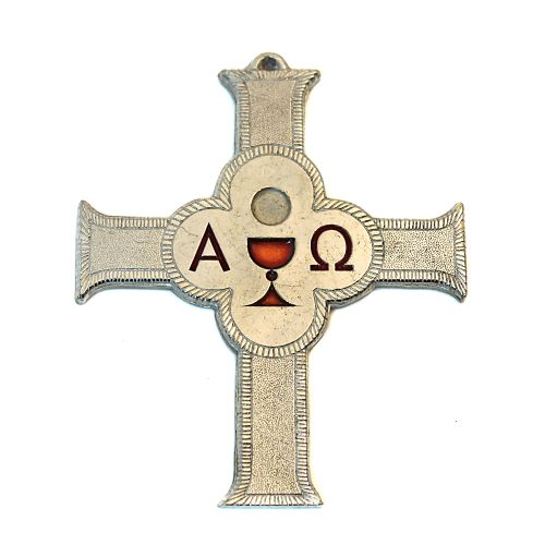 Pewter "Alpha and Omega" cross, red glass inlay