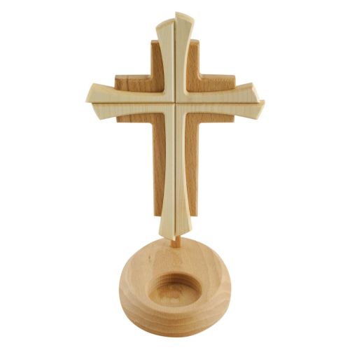 Standing cross made of beech wood with tea light holder