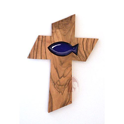 Olive wood cross with blue fish