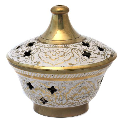 Painted brass incense bowl, white