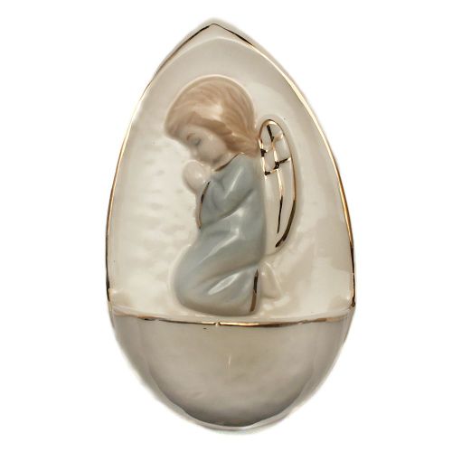 Porcelain holy water font, praying angel, blue