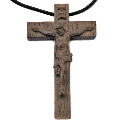 Necklace with dark carved crucifix, wood