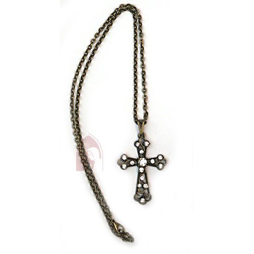 Cross with rhinestone with chain, gold-colored antique