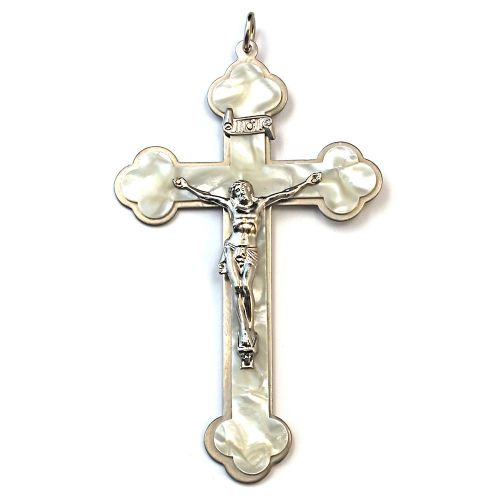 Crucifix with imitation mother-of-pearl overlay, silver-colored