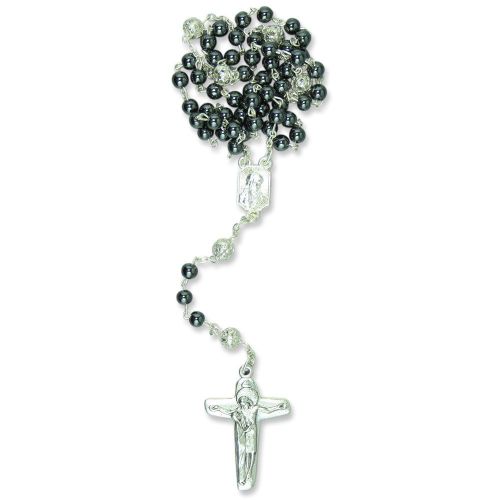 Small hematite rosary with filigree Our Father pearl