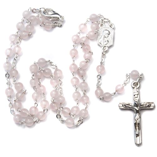Rose quartz rosary with Lourdes medal, silver-plated