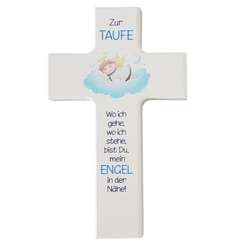 White christening cross with angel in light blue 15 cm