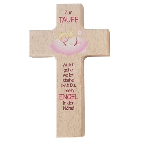 Children's baptism cross with angel in pink 15 cm