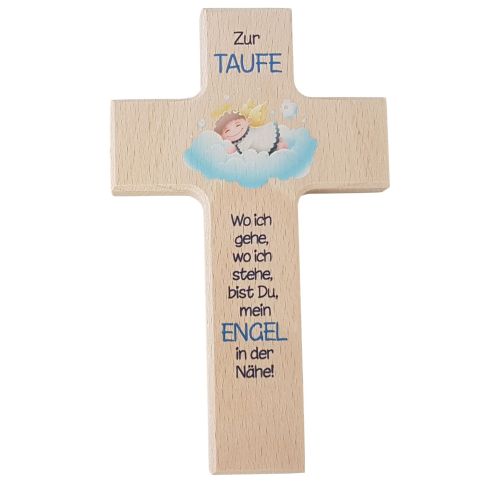 Kinderkreuz zur Taufe mit Engelchen in hellblau 20 cm
