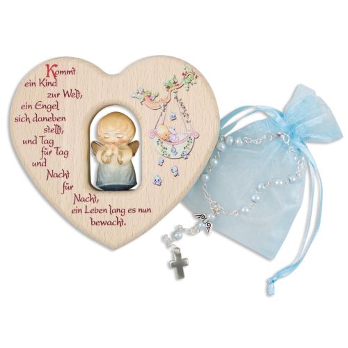 Christening set: wooden heart with wooden angel and rosary, light blue