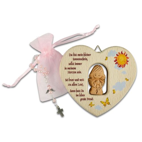 Christening set: Wooden heart with clay angel and rosary, pink