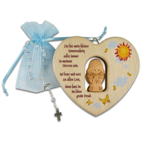 Christening set: wooden heart with clay angel and rosary, light blue