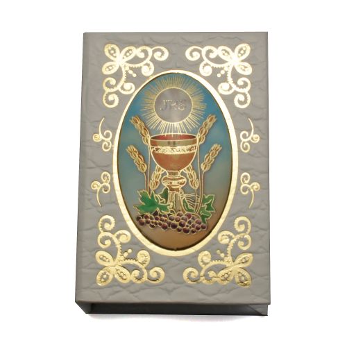 Faux leather book case with oval communion picture