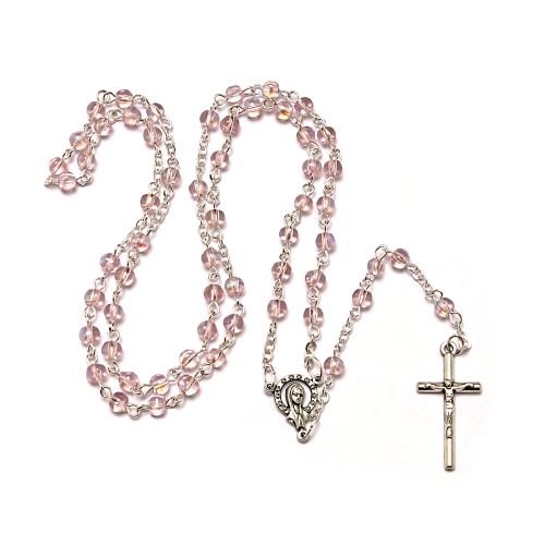 Rosary made of glass, small pink iridescent