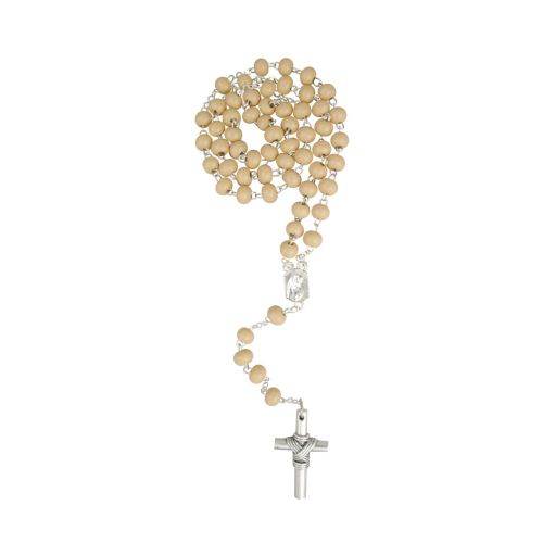 Wooden rosary, stylized round bound cross, light pearl