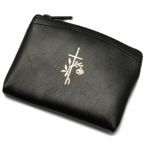 Rosenkranzetui Kreuz mit Rose, schwarz