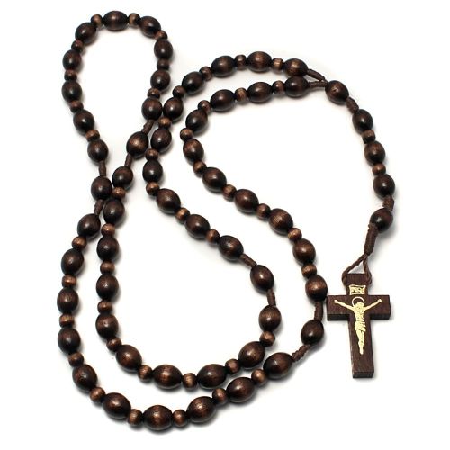 Wooden rosary, knotted dark brown with intermediate bead