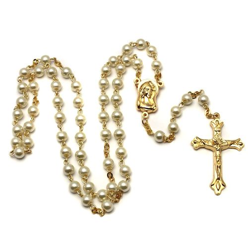 Rosary with wax beads, gold-colored chained