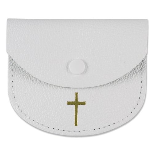 Leather rosary case with gold-colored cross, white