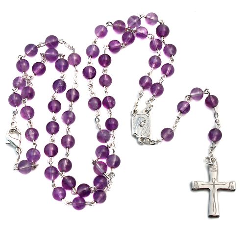 Amethyst rosary, silver-plated and rhodium-plated