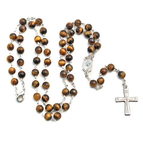 Rosary tiger's eye, silver-plated and rhodium-plated