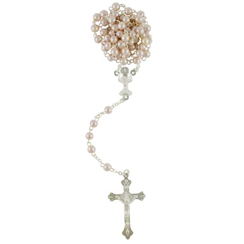 Communion rosary imitation pearls, white/pink with chalice