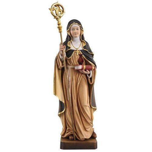 Saint Walburga made of wood upright with book and bottle