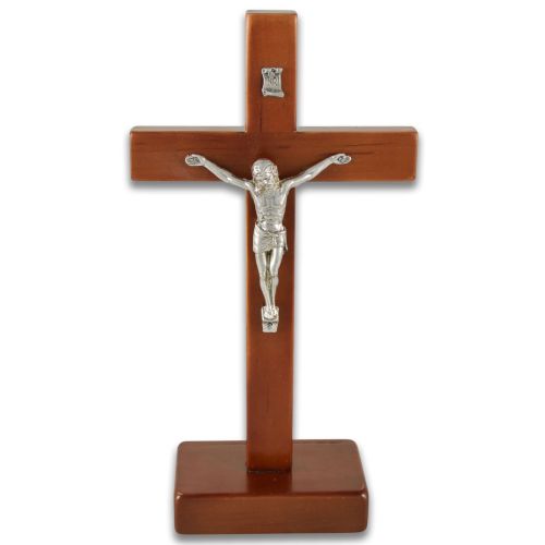 Standing cross made of dark lacquered alder wood with metal body