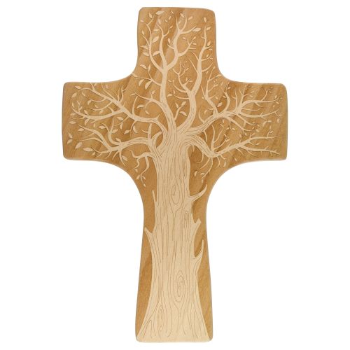 Wooden cross tree of life made of solid beech, stained