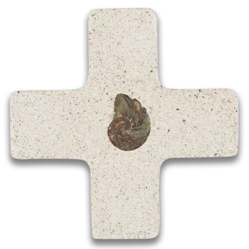 Cast stone cross with ammonite