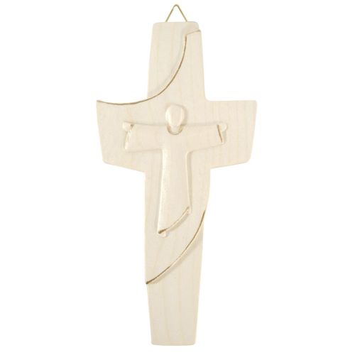 Wooden cross "St. Francis", natural with gold coating