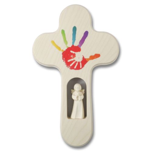 Kreuz zur Taufe "Gottes beschützende Hand", mit geschnitztem Engel