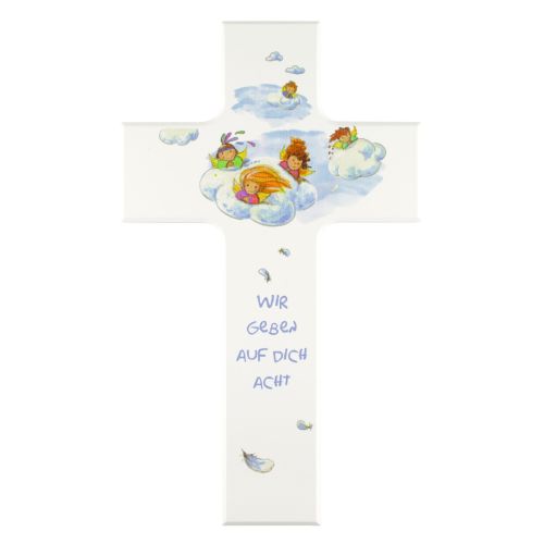 Children's cross guardian angel "we look after you", white