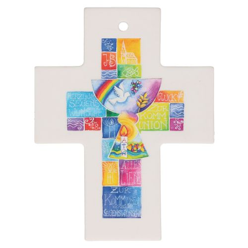 Kreuz Schutz und Segen, aus Porzellan mit Kommunionmotiv, bunt