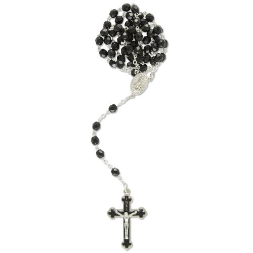 Rosary Fatima heart medal, faceted, black