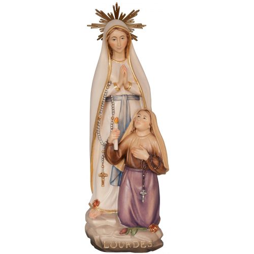 Madonna von Lourdes mit Gloriole und Bernadette Soubirous aus Holz