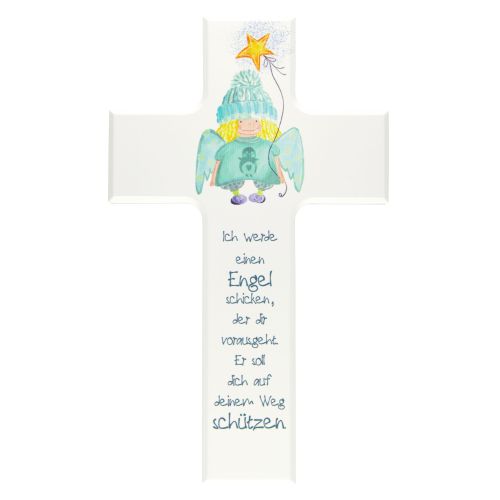 Children's cross with guardian angel and star balloon, 15 cm white lacquered