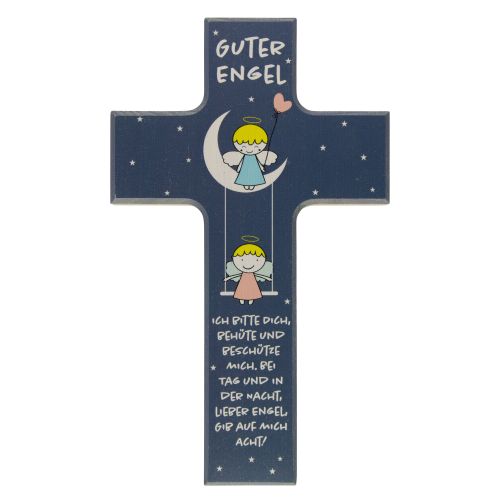Kinderkreuz "Guter Engel" mit Schutzengelmotiv aus Holz, blau lackiert
