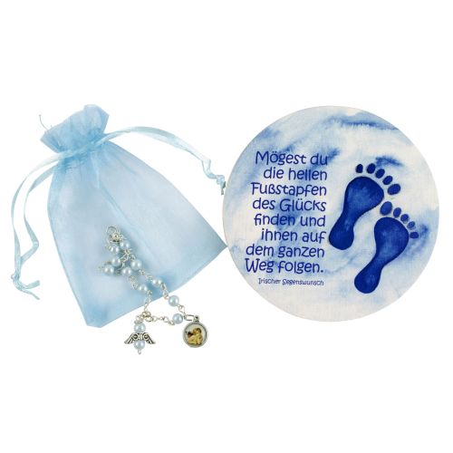 Christening gift set "little feet" with small bracelet with angel, blue