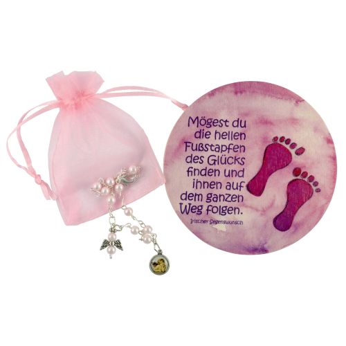 Christening gift set "little feet" with rosary of ten, pink