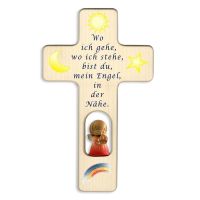 Children's cross with carved wooden angel, red