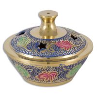 Incense bowl brass painted colorful blue, with grid insert