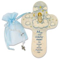 Taufgeschenkset: Kinderkreuz und Rosenkranzarmband, hellblau