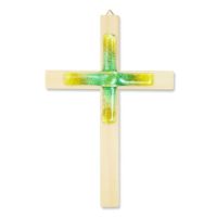 Wooden cross spruce with glass cross green/yellow