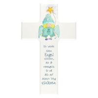 Kinderkreuz mit Schutzengel und Sternenballon, 20 cm weiß lackiert