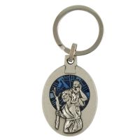 Schlüsselanhänger Christophorus "Gott schütze Dich", oval mit blauer Einlage