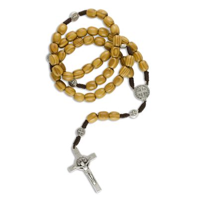 Wooden rosary, Benedictus stained pearl