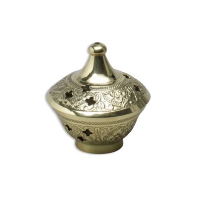 Brass incense bowl, decorated, with grid insert